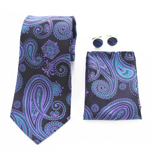 Celino Lapis Blue And Black Silk Necktie with Cufflinks & Pocket Square for Men
