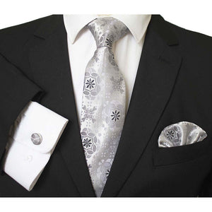 Multi Color Designer Silk Floral Necktie with Matching Cufflinks & Pocket Square Set for Men