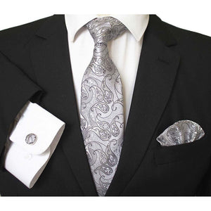Grey & White Paisley Designer Silk Floral Necktie with Matching Cufflinks & Pocket Square Set for Men