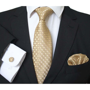 Gold Circles Designer Silk Floral Necktie with Matching Cufflinks & Pocket Square Set for Men