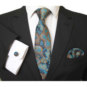 Celino Blue And Gold Paisley Silk Necktie with Cufflinks & Pocket Square for Men