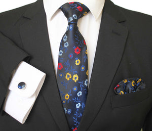 Multi Color Floral Designer Silk Floral Necktie with Matching Cufflinks & Pocket Square Set for Men