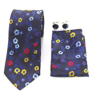 Multi Color Floral Designer Silk Floral Necktie with Matching Cufflinks & Pocket Square Set for Men