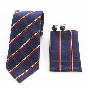 Blue Red Gold Stripes Designer Silk Floral Necktie with Matching Cufflinks & Pocket Square Set for Men