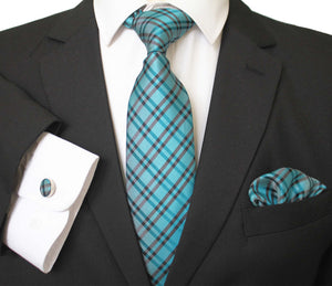 Turquoise Blue And Black Plaid Designer Silk Floral Necktie with Matching Cufflinks & Pocket Square Set for Men