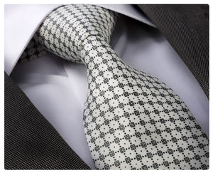White Doted Checkers Designer Silk Floral Necktie with Matching Cufflinks & Pocket Square Set for Men
