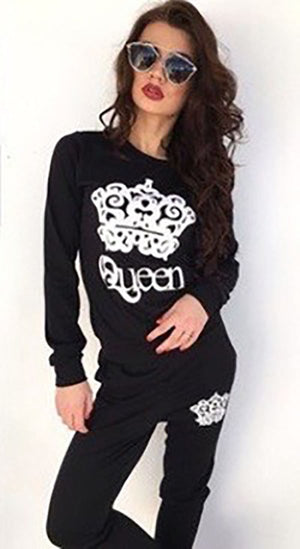 Women's Black Casual Sport Long Silm Pant Set Tracksuit