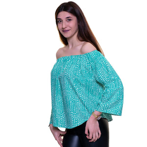 Green & White Long Sleeve Off the Shoulder Blouse for Women - Going Out Tops for Ladies