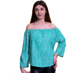 Green & White Long Sleeve Off the Shoulder Blouse for Women - Going Out Tops for Ladies