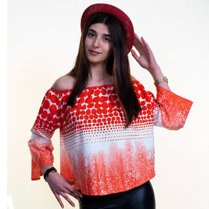 Orange & White Long Sleeve Off the Shoulder Blouse for Women - Going Out Tops for Ladies