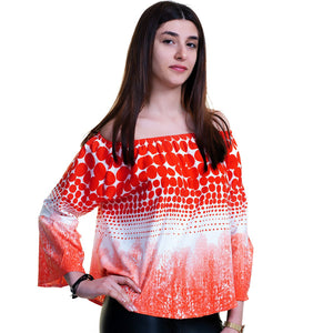 Red & White Long Sleeve Off the Shoulder Blouse for Women - Going Out Tops for Ladies