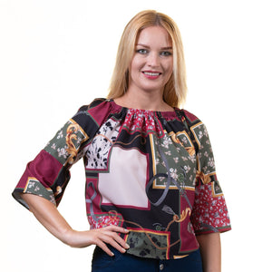 Carmine Multicolor Long Sleeve Off the Shoulder Blouse for Women - Going Out Textured Tops for