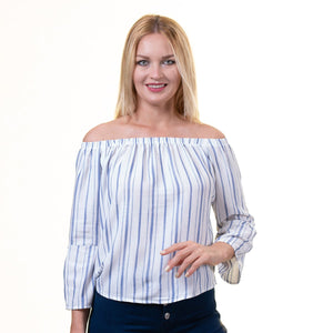 White With Blue Lines Long Sleeve Off the Shoulder Blouse for Women - Going Out Tops for Ladies