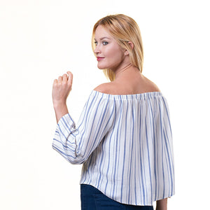 White With Blue Lines Long Sleeve Off the Shoulder Blouse for Women - Going Out Tops for Ladies