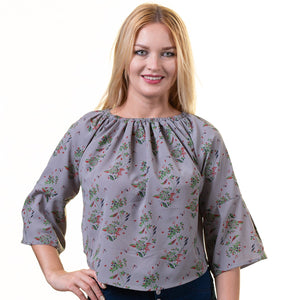 Grey With Multicolor Long Sleeve Off the Shoulder Blouse for Women - Going Out Textured Tops for