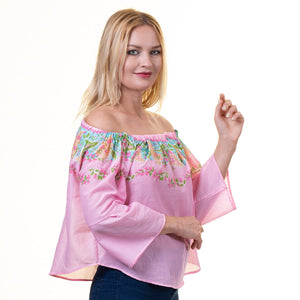 Pink Multicolor Long Sleeve Off the Shoulder Blouse for Women - Going Out Floral Tops for Ladies