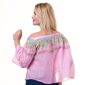 Pink Multicolor Long Sleeve Off the Shoulder Blouse for Women - Going Out Floral Tops for Ladies
