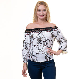 White With Multicolor Long Sleeve Off the Shoulder Blouse for Women - Going Out Tops for Ladies