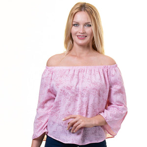 Pink Long Sleeve Off the Shoulder Blouse for Women - Going Out Textured Tops for Ladies