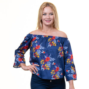 Navy Blue Multicolor Long Sleeve Off the Shoulder Blouse for Women - Going Out Flower Patterned Tops