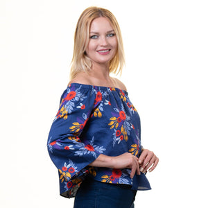 Navy Blue Multicolor Long Sleeve Off the Shoulder Blouse for Women - Going Out Flower Patterned Tops