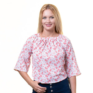 White With Pink Long Sleeve Off the Shoulder Blouse for Women - Going Out Pattern Tops for Ladies