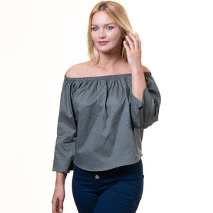 Grey Long Sleeve Off the Shoulder Blouse for Women - Going Out Tops for Ladies