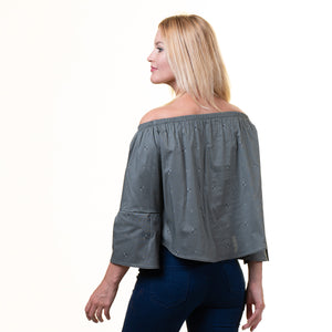 Grey Long Sleeve Off the Shoulder Blouse for Women - Going Out Tops for Ladies