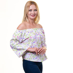 White Multicolor Long Sleeve Off the Shoulder Blouse for Women - Going Out Butterfly Tops for Ladies