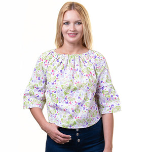 White Multicolor Long Sleeve Off the Shoulder Blouse for Women - Going Out Butterfly Tops for Ladies