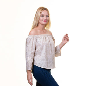 Grey Long Sleeve Off the Shoulder Blouse for Women - Going Out Textured Tops for Ladies