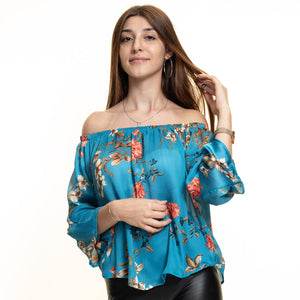 Turquoise Multi-Color Long Sleeve Off the Shoulder Blouse for Women - Going Out Tops for Ladies
