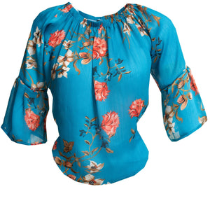 Turquoise Multi-Color Long Sleeve Off the Shoulder Blouse for Women - Going Out Tops for Ladies