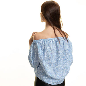 Light Blue & White Long Sleeve Off the Shoulder Blouse for Women - Going Out Tops for Ladies
