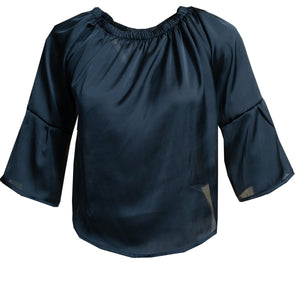 Solid Navy Blue Long Sleeve Off the Shoulder Blouse for Women - Going Out Polka Dots Tops for Ladies