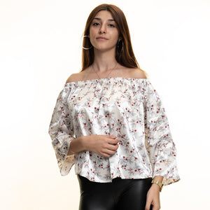 White Red Long Sleeve Off the Shoulder Blouse for Women - Going Out Floral Tops for Ladies