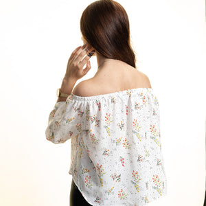 White Long Sleeve Off the Shoulder Blouse for Women - Going Out Floral Tops for Ladies