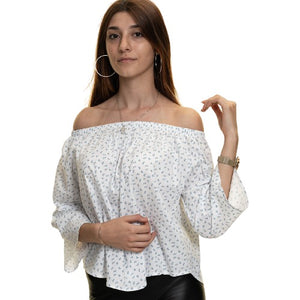 White & Blue Long Sleeve Off the Shoulder Blouse for Women - Going Out Tops for Ladies
