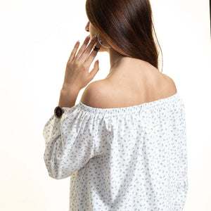 White & Blue Long Sleeve Off the Shoulder Blouse for Women - Going Out Tops for Ladies