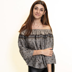 Dark Multicolor Long Sleeve Off the Shoulder Blouse for Women - Going Out Printed Tops for Ladies