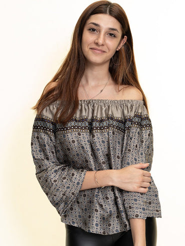Dark Multicolor Long Sleeve Off the Shoulder Blouse for Women - Going Out Printed Tops for Ladies