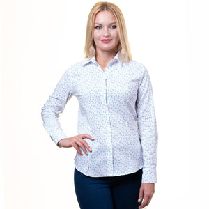 White And Blue Button Up Shirts for Women - Floral Long Sleeve Cotton Shirts for Formal & Casual
