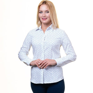 White And Blue Button Up Shirts for Women - Floral Long Sleeve Cotton Shirts for Formal & Casual