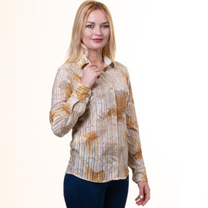 Printed Tan Button Up Shirts for Women - Floral Long Sleeve Cotton Shirts for Formal & Casual