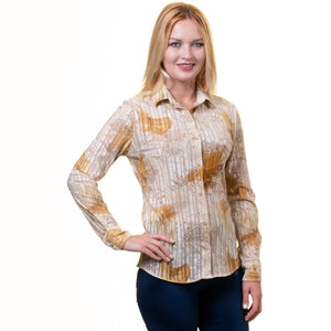Printed Tan Button Up Shirts for Women - Floral Long Sleeve Cotton Shirts for Formal & Casual