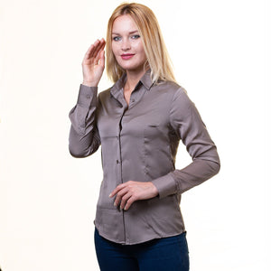 Solid Grey Button Up Shirts for Women - Floral Long Sleeve Cotton Shirts for Formal & Casual