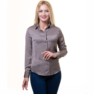 Solid Grey Button Up Shirts for Women - Floral Long Sleeve Cotton Shirts for Formal & Casual