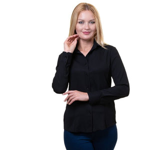 Womens Button Down V Neck Shirts Long Sleeve Blouse Roll Up Sleeve Casual Work Jet Black