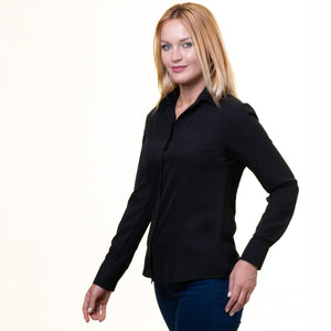 Womens Button Down V Neck Shirts Long Sleeve Blouse Roll Up Sleeve Casual Work Jet Black