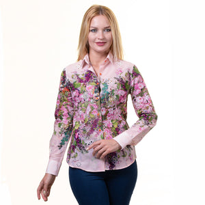 Pink With Multicolor Floral Button Up Shirts for Women - Floral Long Sleeve Cotton Shirts for Formal